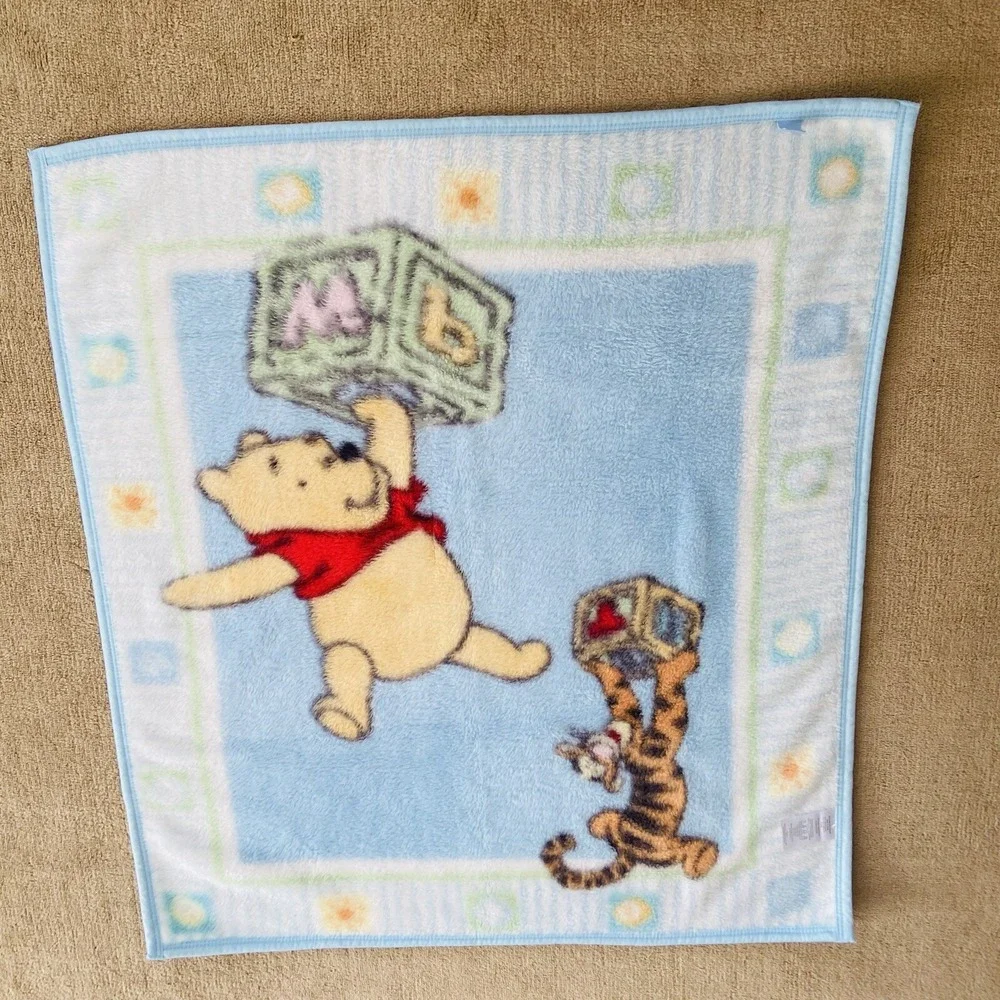 Vintage Disney Winnie the Pooh Tigger Blocks Blue Plush Baby Blanket Lovey Minky